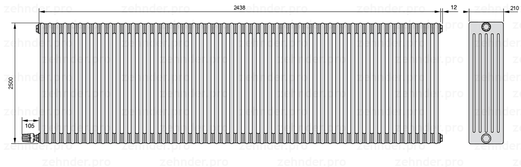 Схема (чертеж) Радиатор Zehnder Charleston 6250/53 №V004 Белый глянцевый RAL 9016